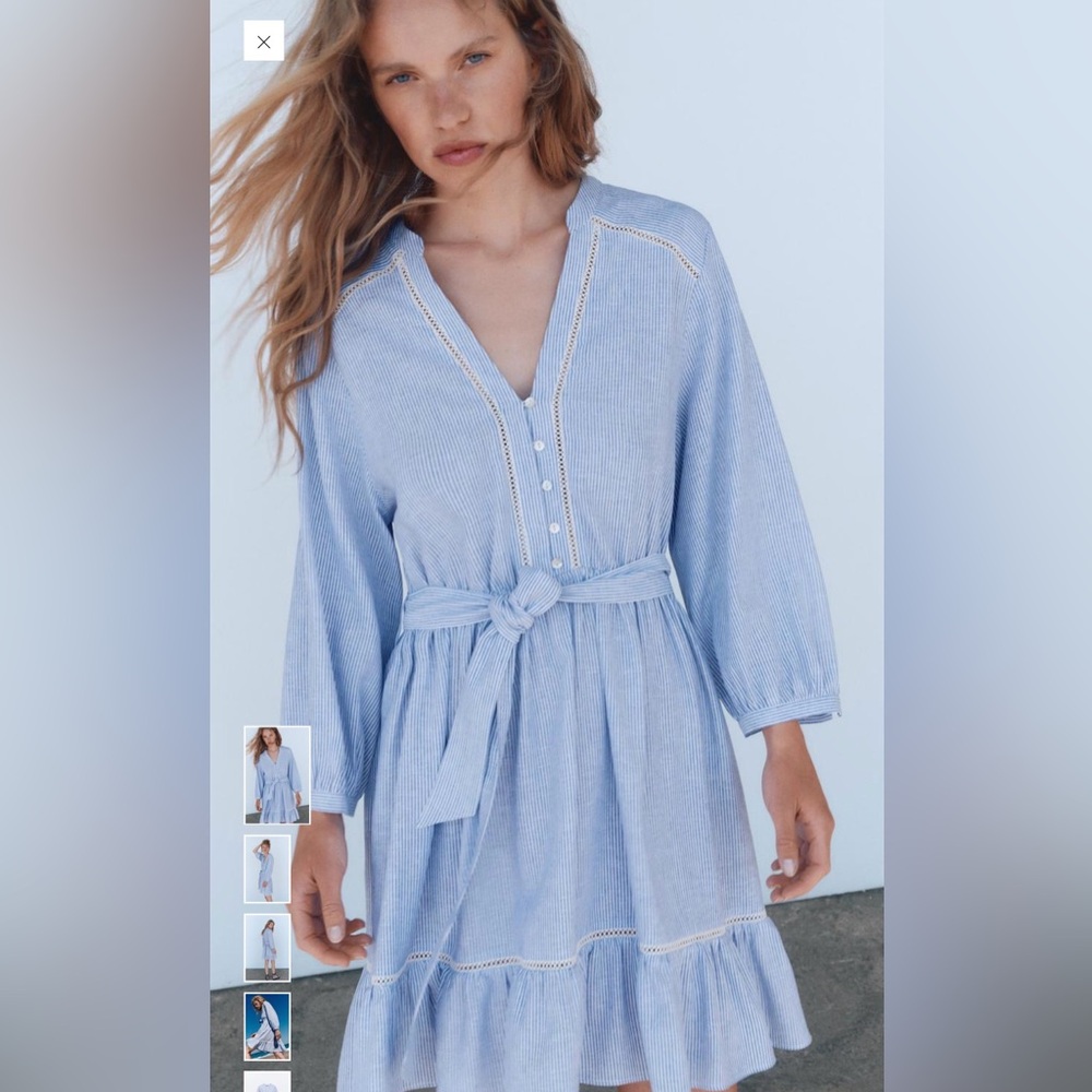 Zara Light Blue Long Sleeve Belted Dress
